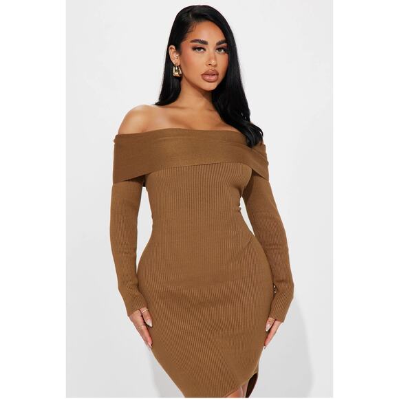 NWT Fashion Nova Tamara Camel Ribbed‎ Knit Sweater Maxi Bodycon Dress Size XS - Picture 2 of 12
